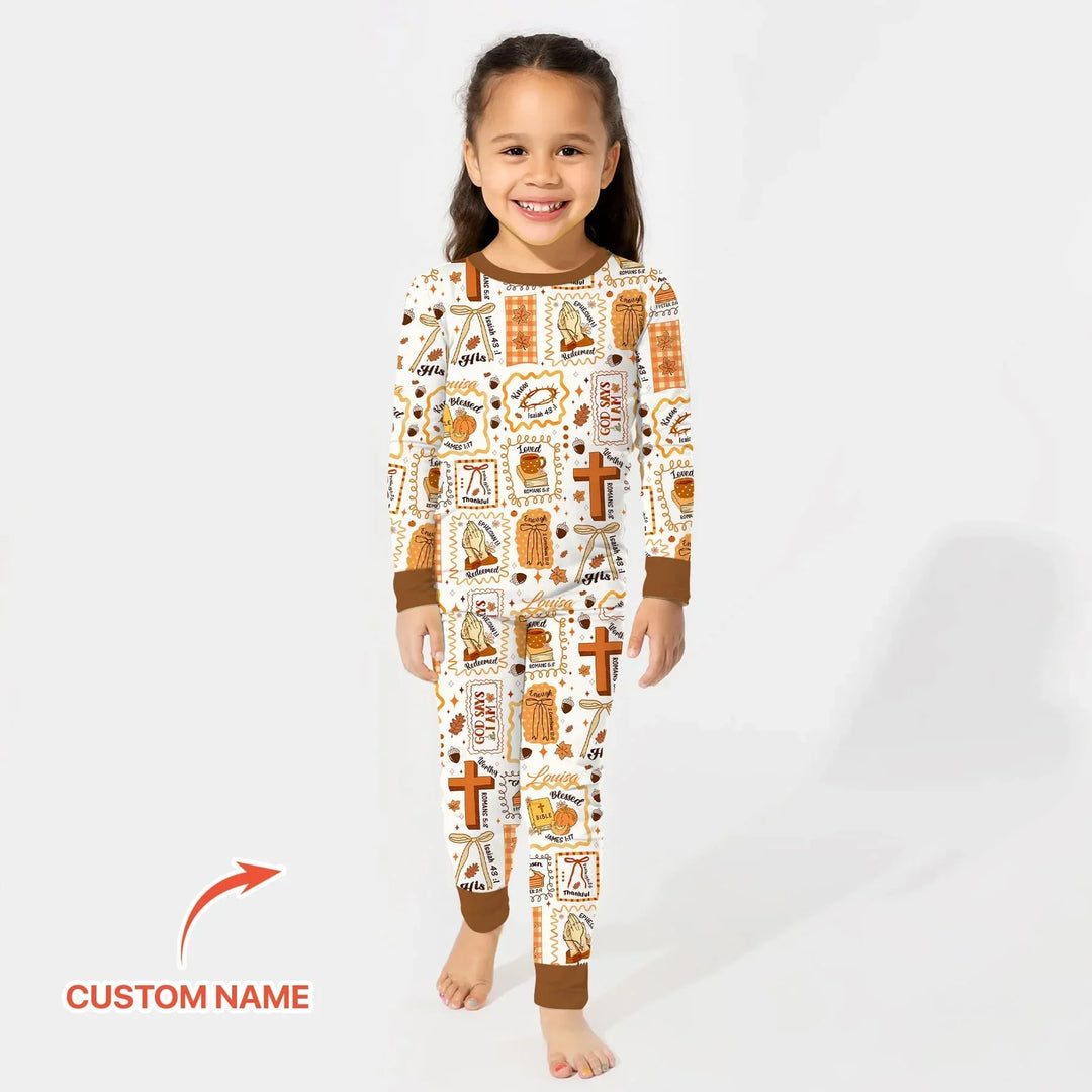 Custom Name I Am Thankful For Jesus Two Piece Long Sleeve Pajama Set , Custom Name I Am Thankful For Jesus Two Piece Long Sleeve Pajama Set - 12-18M