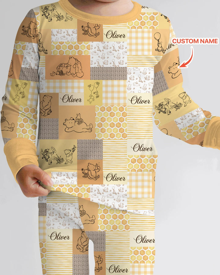 Personalized Classic Bear Patchwork  Bamboo Two Piece Long Sleeve Pajama Set