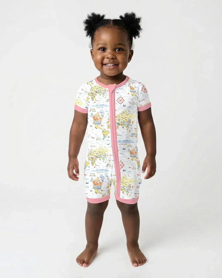 Whimsical World Map Family Matching Bamboo Shorty Zippy