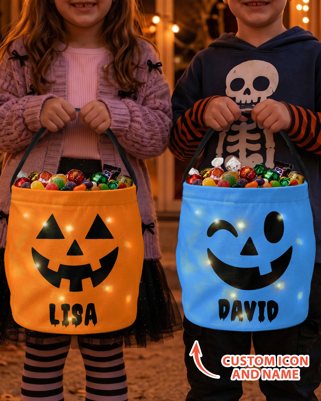 Halloween Pumpkin Face Custom Name Led Light Bucket Bag
