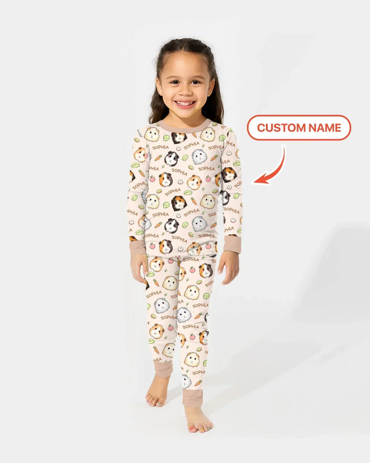 Custom Name Cute Guinea Pigs Bamboo Two Piece Long Sleeve Pajama Set