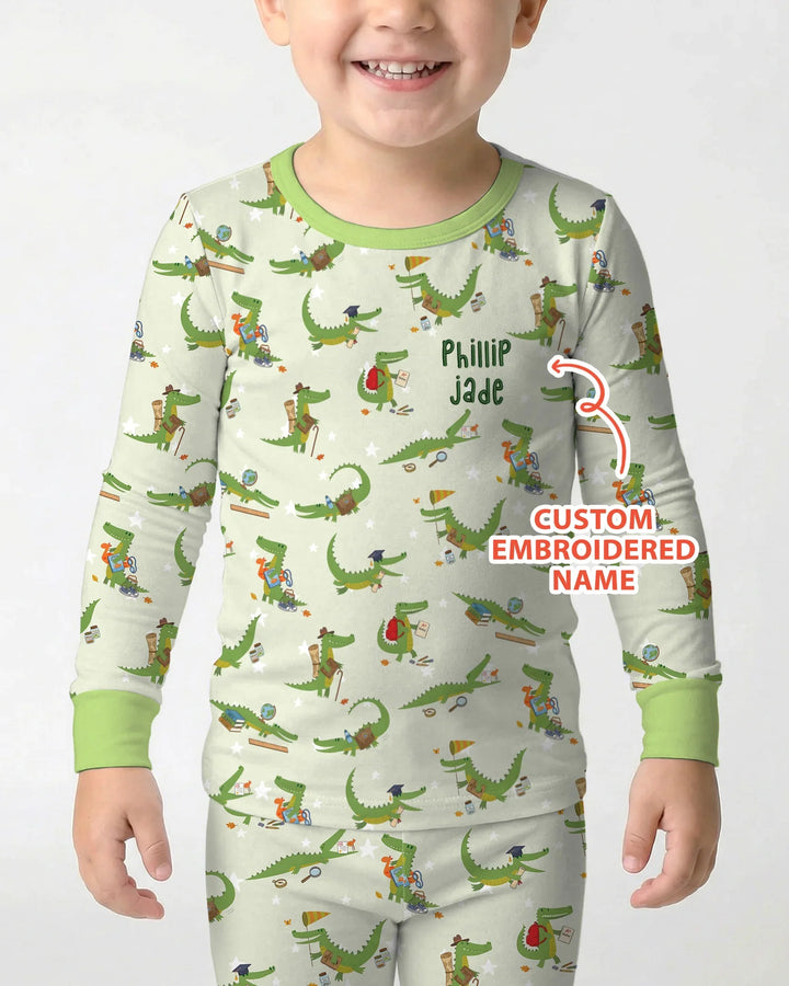 Custom Name Embroidered Alligator Bamboo Two Piece Long Sleeve Pajama Set