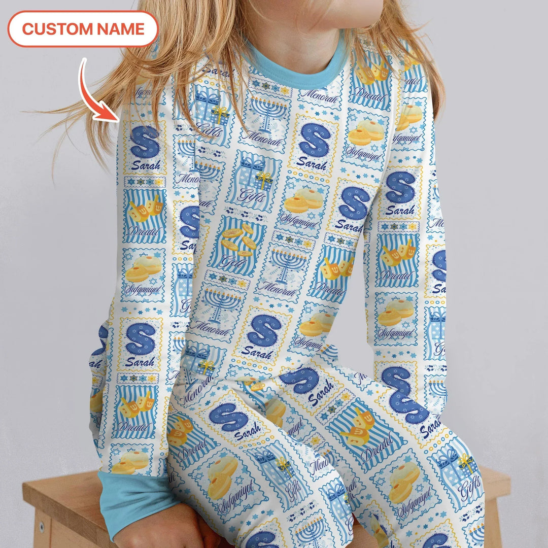 Light of Hanukkah Custom Name Bamboo Two Piece Long Sleeve Pajama Set