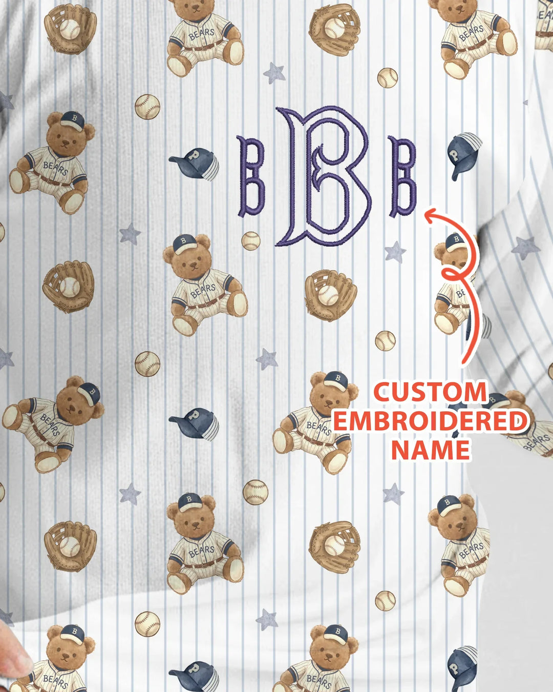 Personalized Embroidered Teddy Bear Baseball Baby Bamboo Two Piece Long Sleeve Pajama Set