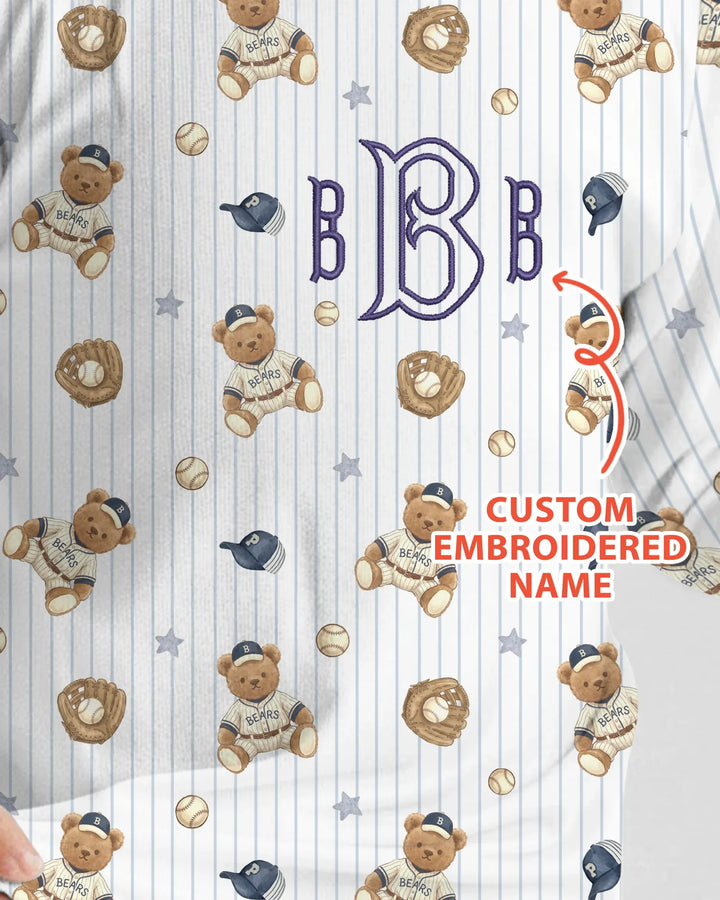 Personalized Embroidered Teddy Bear Baseball Baby Bamboo Two Piece Long Sleeve Pajama Set