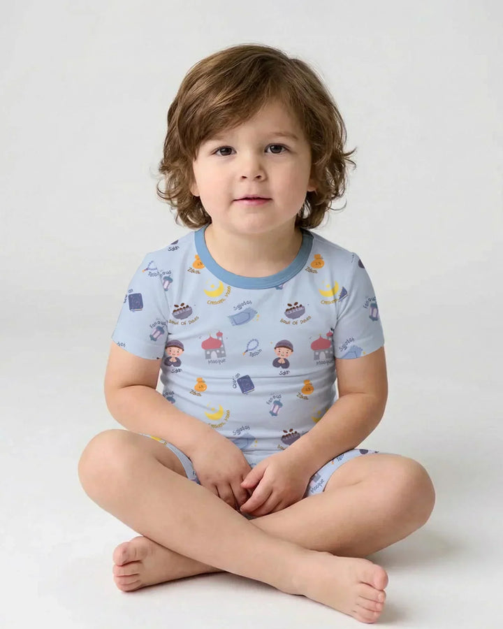 Cute Ramadhan Mubarak Bamboo Two Piece Short Sleeve Shorts Pajama Set