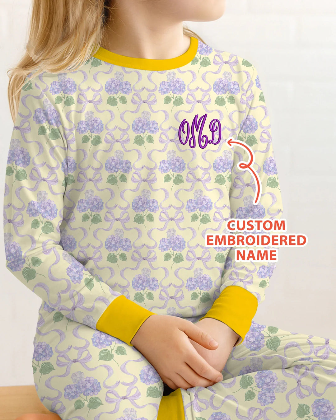 Custom Name Embroidered Hydrangea Welcome Home Bamboo Two Piece Long Sleeve Pajama Set
