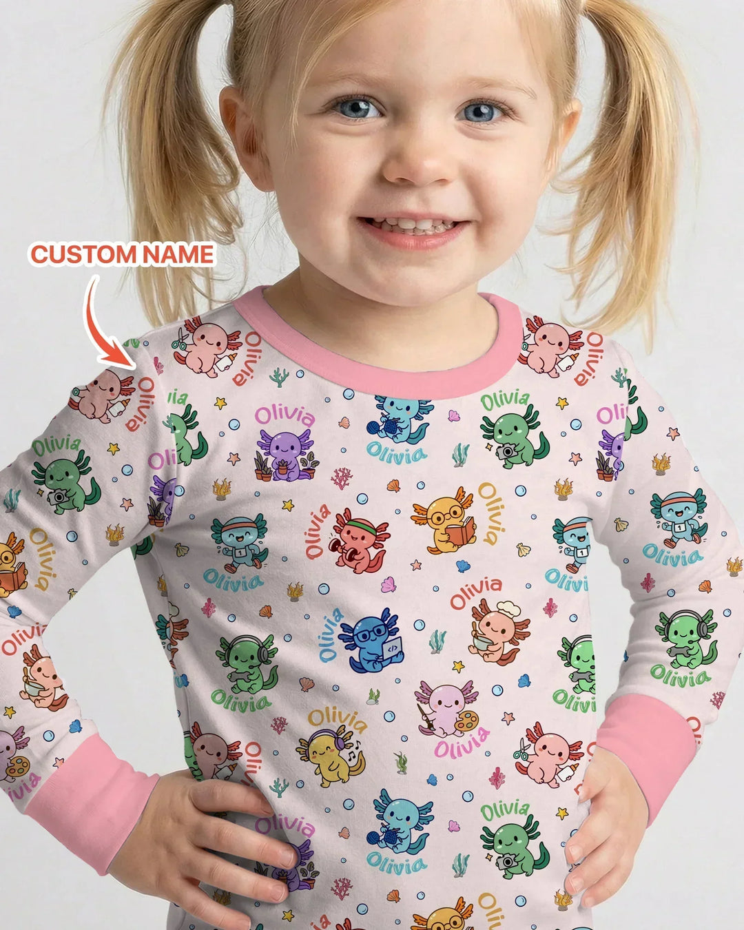 Custom Name Cute Hobby Axolotl Bamboo Two Piece Long Sleeve Pajama Set