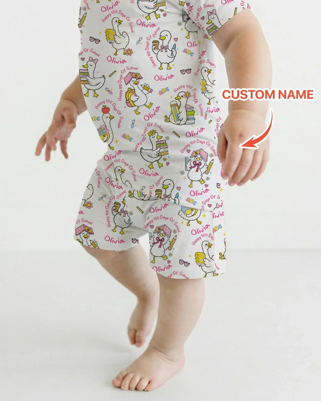 Custom Name Goose Happy 100 Days Of School Bamboo Two Piece Short Sleeve Shorts Pajama Set