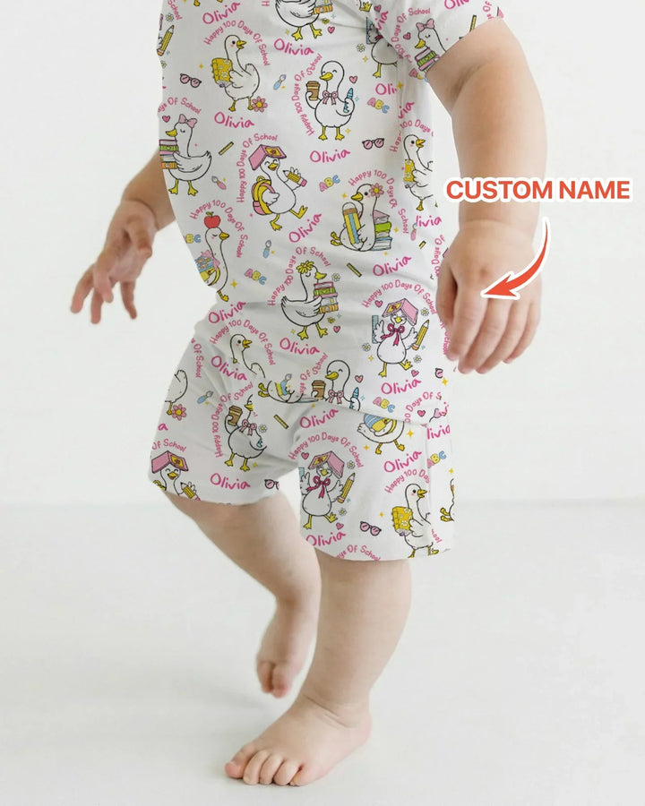 Custom Name Goose Happy 100 Days Of School Bamboo Two Piece Short Sleeve Shorts Pajama Set