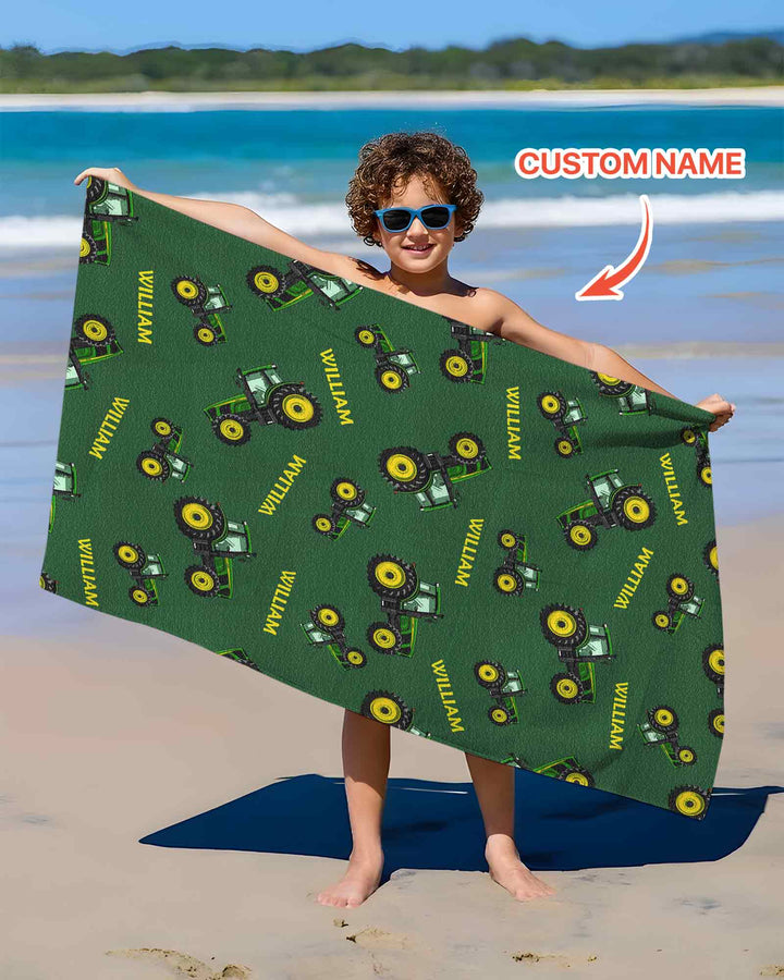 Custom Name Green Tractors Matching Daddy & Me  Beach Towel