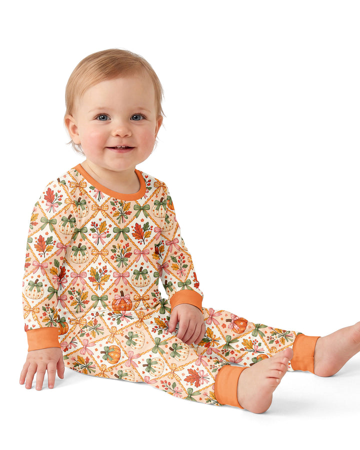 Retro Fall Pumpkin Bow Bamboo Two Piece Long Sleeve Pajama Set