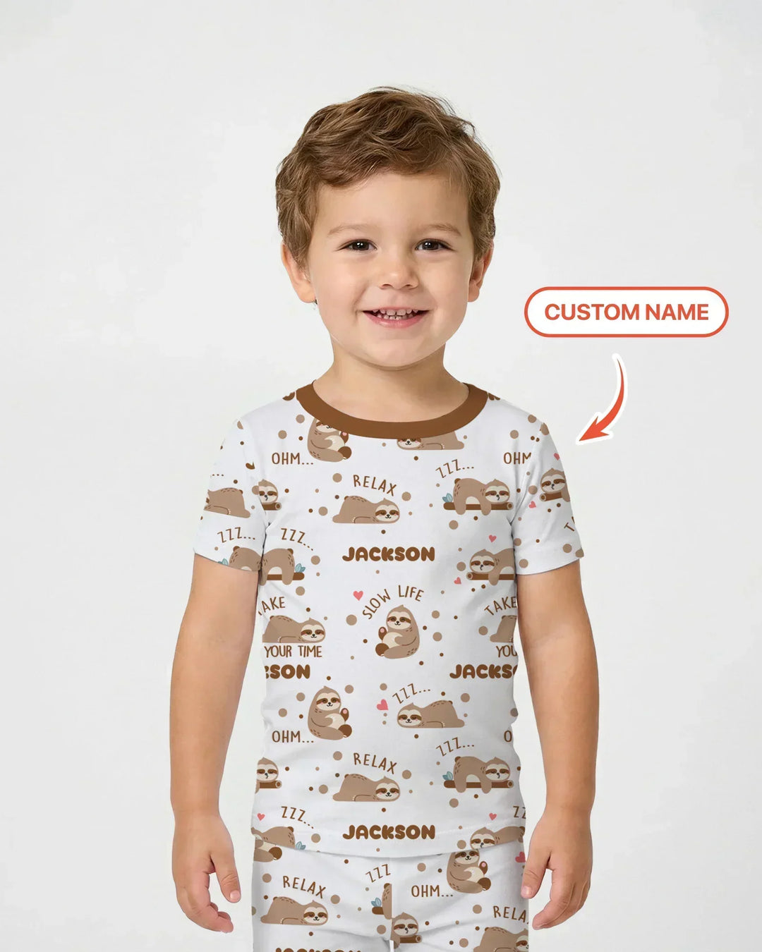 Custom Name Cute Sloth Bamboo Two Piece Short Sleeve Pajama Set