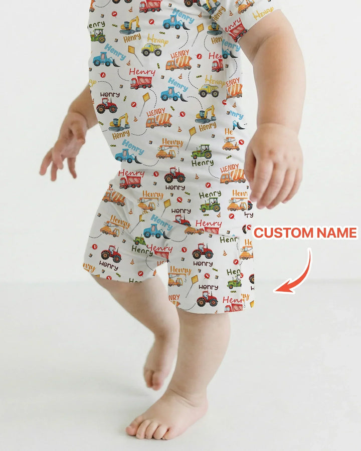 Construction Vehicles Custom Name Bamboo Two Piece Short Sleeve Shorts Pajama Set