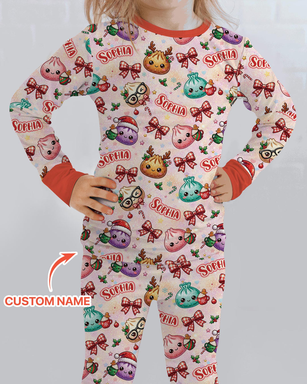 Custom Name Merry Christmas Dumpling Bamboo Two Piece Long Sleeve Pajama Set