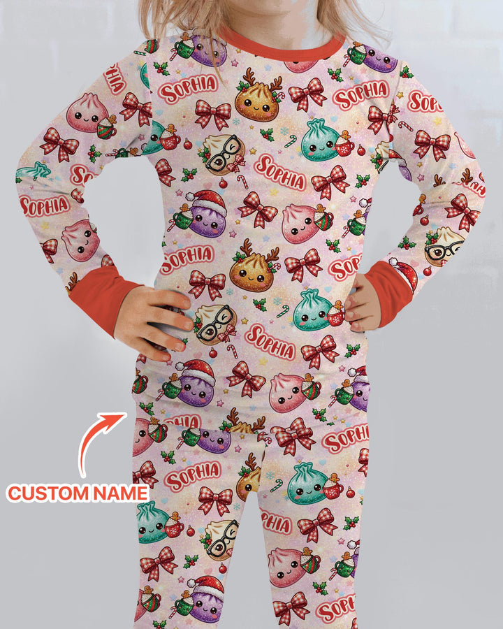 Custom Name Merry Christmas Dumpling Bamboo Two Piece Long Sleeve Pajama Set