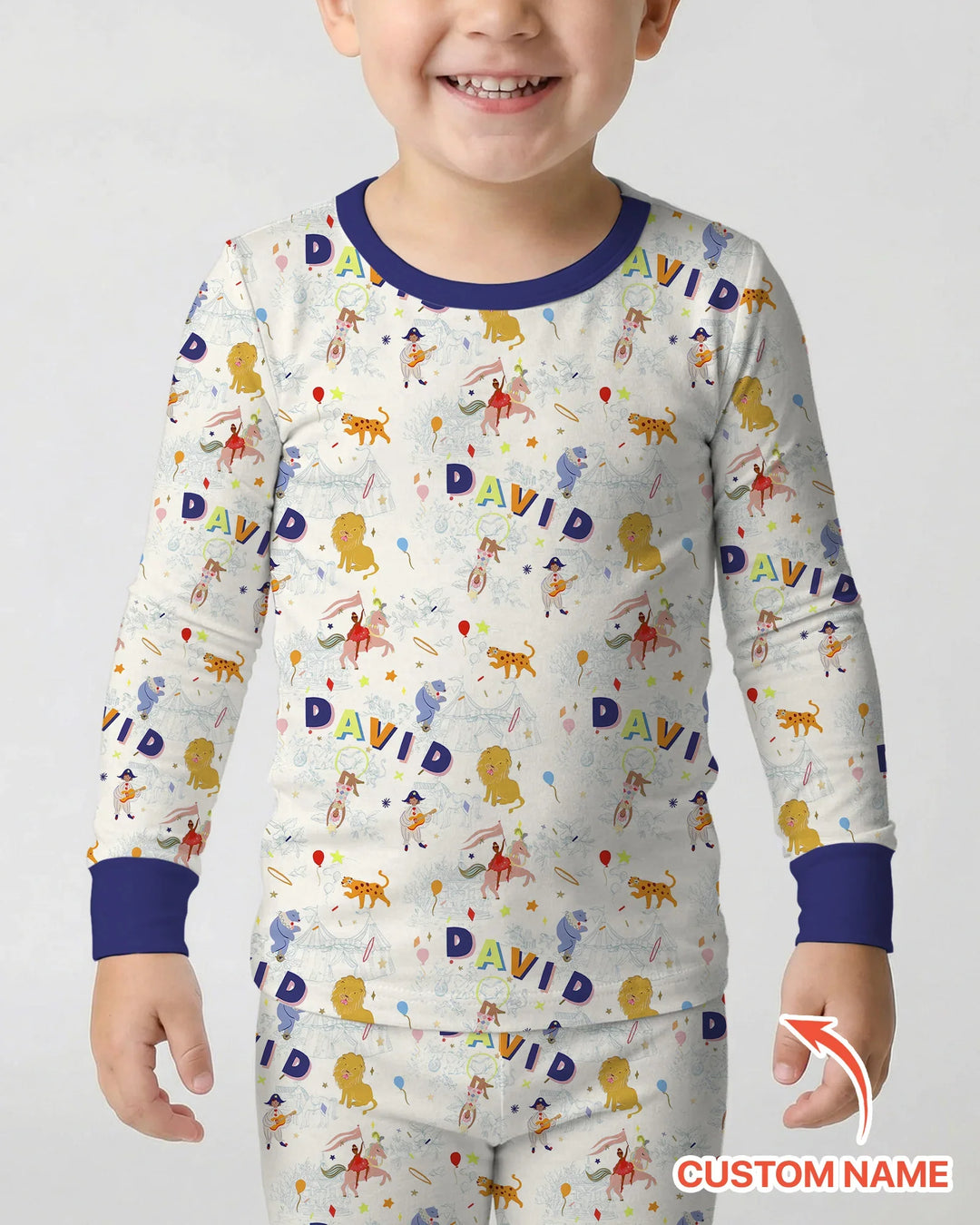 Custom Name Circus Toile Bamboo Two Piece Long Sleeve Pajama Set