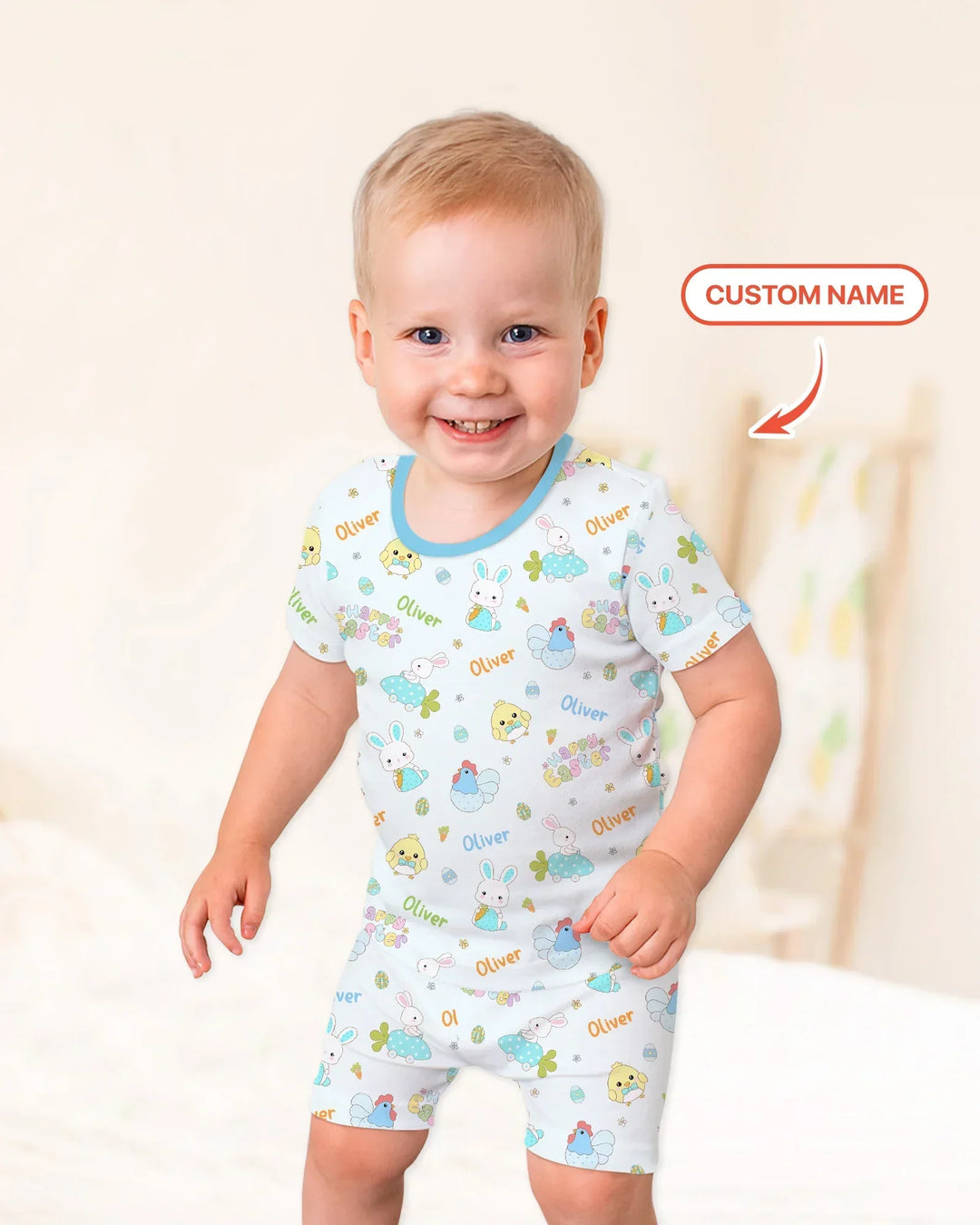 Custom name Happy Easter Bamboo Two Piece Short Sleeve Shorts Pajama Set