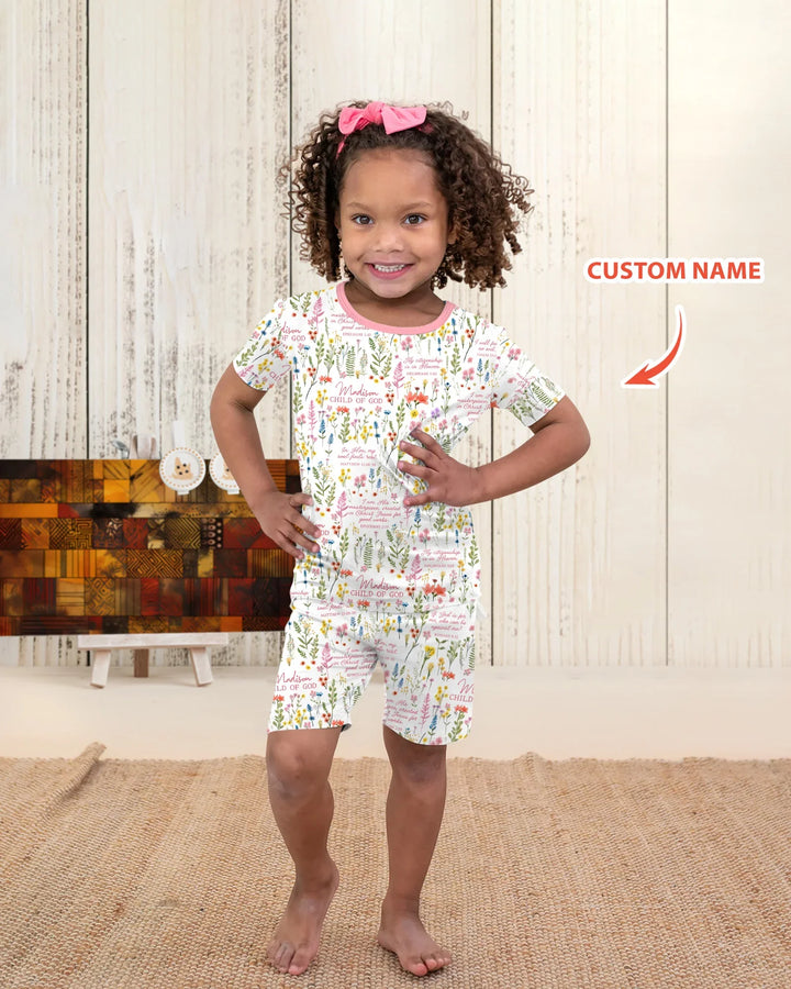 Custom Name Child of God Flower Garden Bamboo Two Piece Short Sleeve Shorts Pajama Set