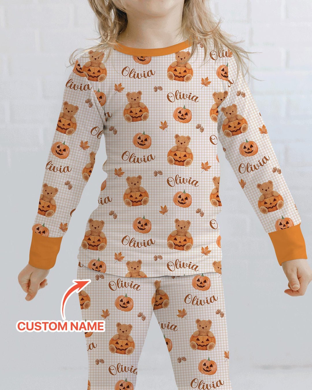 Custom Name Pumpkin Teddy Bamboo Two Piece Long Sleeve Pajama Set