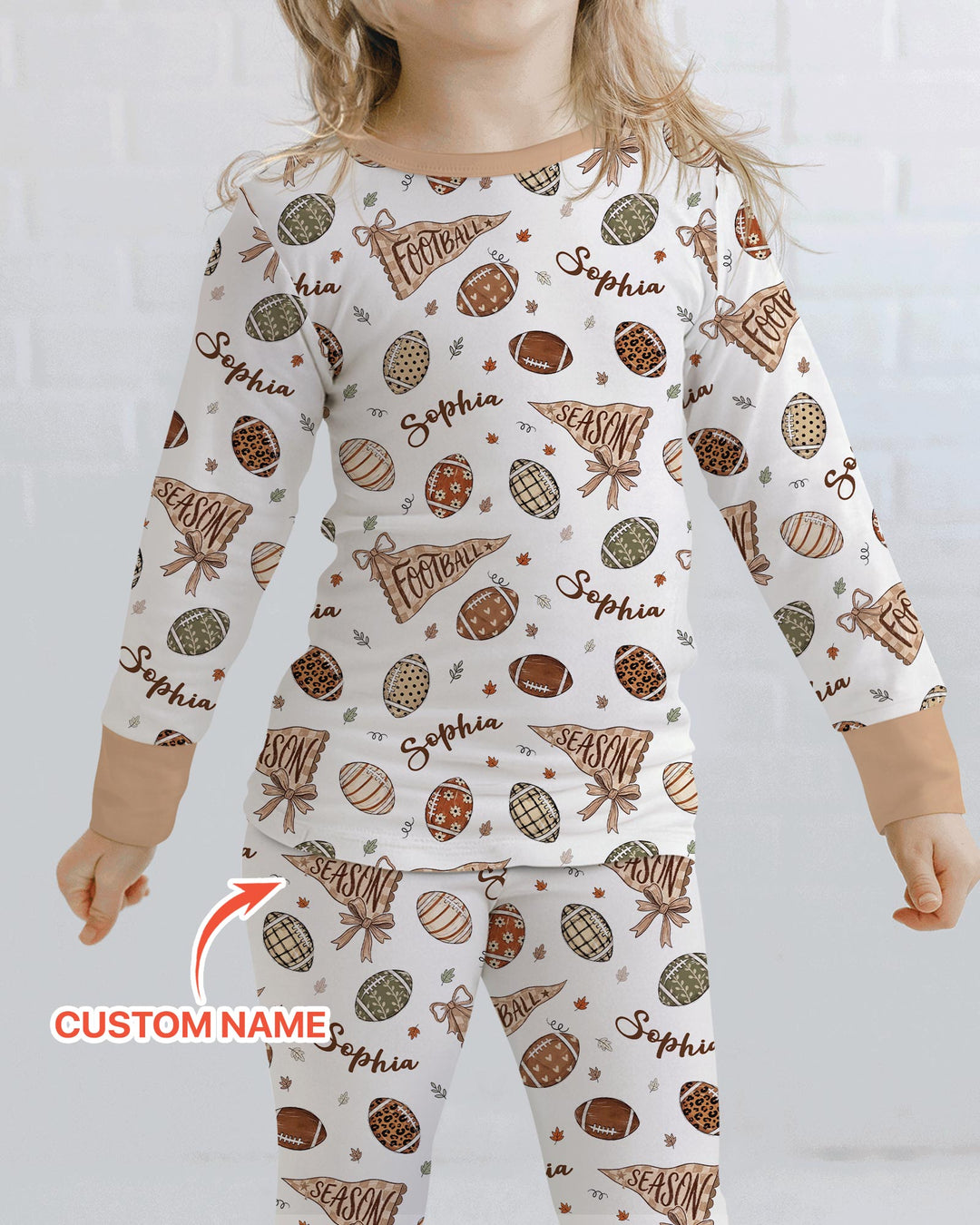 Custom Name Football Fall Season Bamboo Two Piece Long Sleeve Pajama Set
