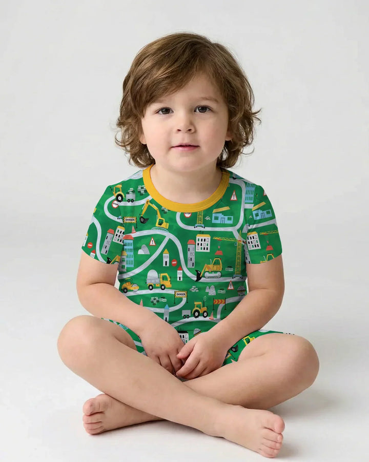 Little Builder Construction Zone Bamboo Two Piece Short Sleeve Shorts Pajama Set