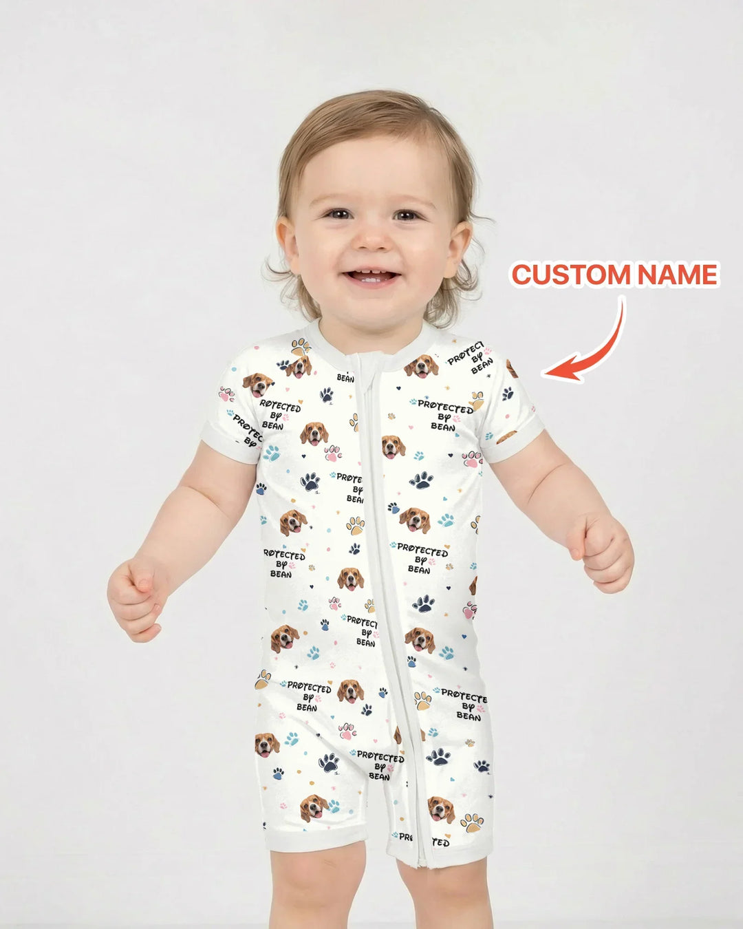 Custom Dog Photo Pattern "Protected By" Bamboo Shorty Zippered Romper