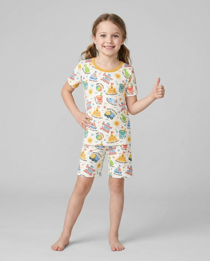 Colorful Summer Beach With Jesus Bamboo Two Piece Short Sleeve Shorts Pajama Set
