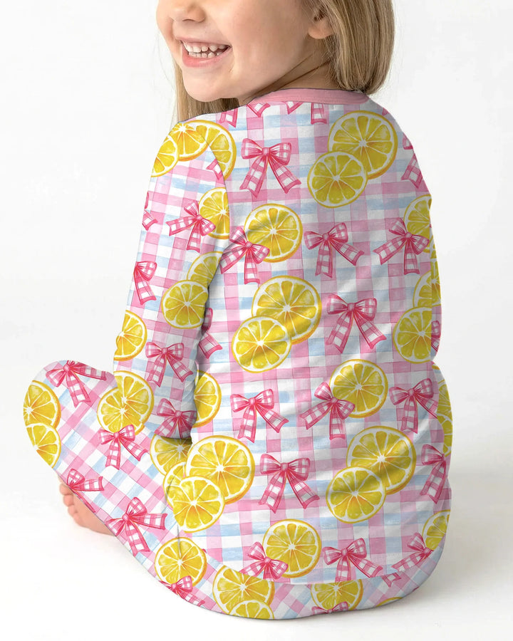 Pink Lemons Bows Checkered Bamboo Two Piece Long Sleeve Pajama Set