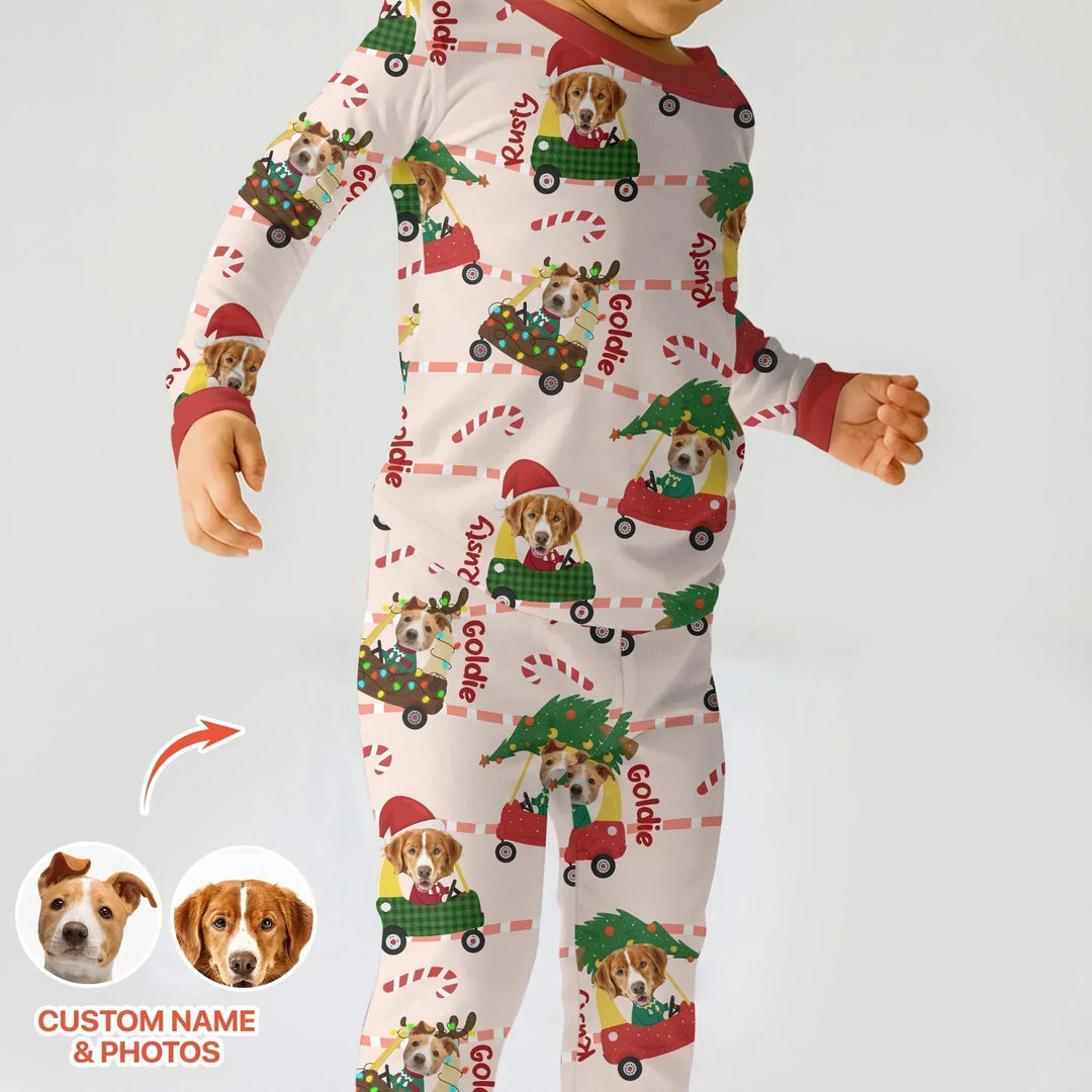 Custom Pet Photo Christmas Tikes Car Bamboo Two Piece Long Sleeve Pajama Set