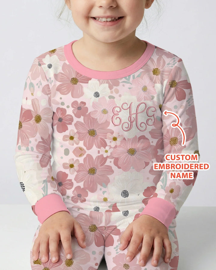 Custom Embroidered Name Floral Bamboo Two Piece Long Sleeve Pajama Set