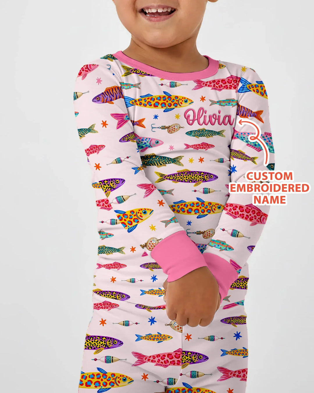 Custom Name Embroidered Colorful Fish Bamboo Two Piece Long Sleeve Pajama Set
