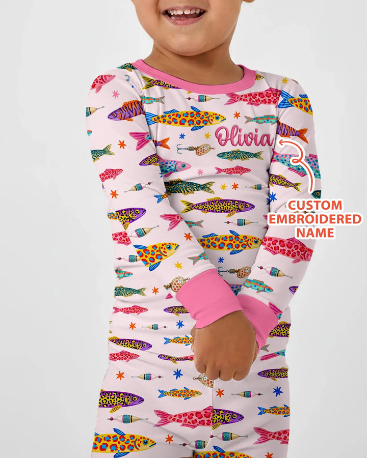 Custom Name Embroidered Colorful Fish Bamboo Two Piece Long Sleeve Pajama Set