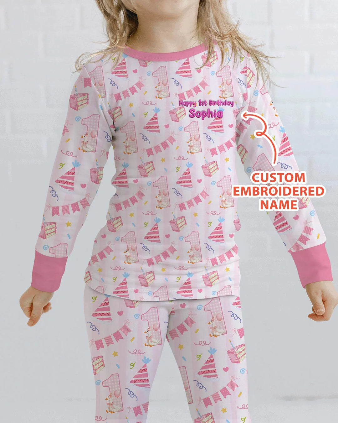 1st Birthday Girl Embroidered Baby Bamboo Two Piece Long Sleeve Pajama Set