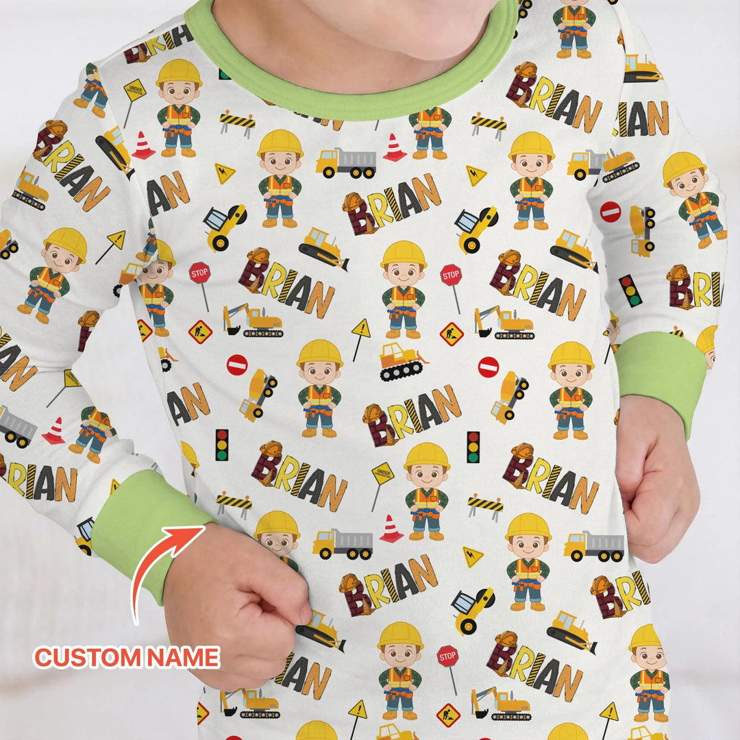 Custom Name Doodle Little Builder Bamboo Two Piece Long Sleeve Pajama Set