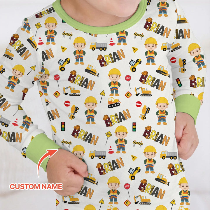 Custom Name Doodle Little Builder Bamboo Two Piece Long Sleeve Pajama Set