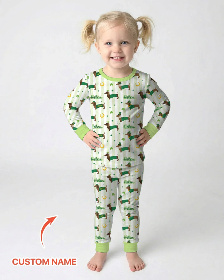 Lucky Dachshunds St. Patrick's Day Family Matching Bamboo Two Piece Long Sleeve Pajama Set