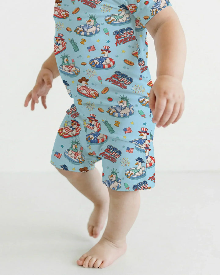 250 America Patriotic Goose Family Matching Bamboo Two Piece Short Sleeve Shorts Pajama Set