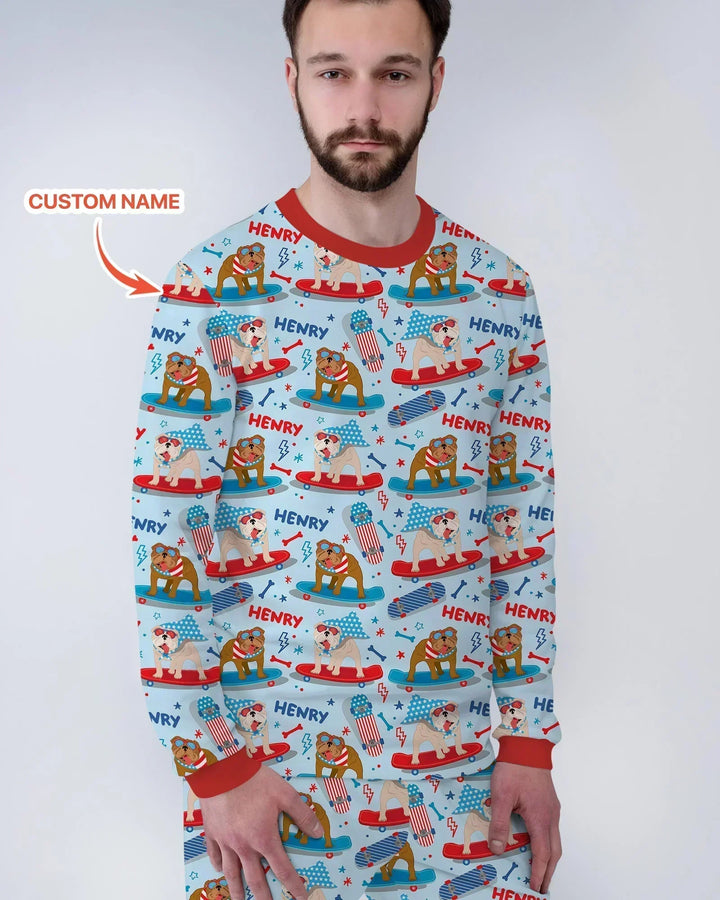 Personalized Patriotic Skate Pups Family Matching Bamboo Men's Pajama Set