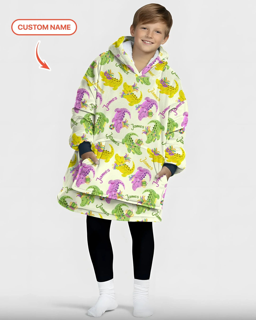 Custom Name Mardi Gras Alligator Wearable Bamboo Blanket Hoodie