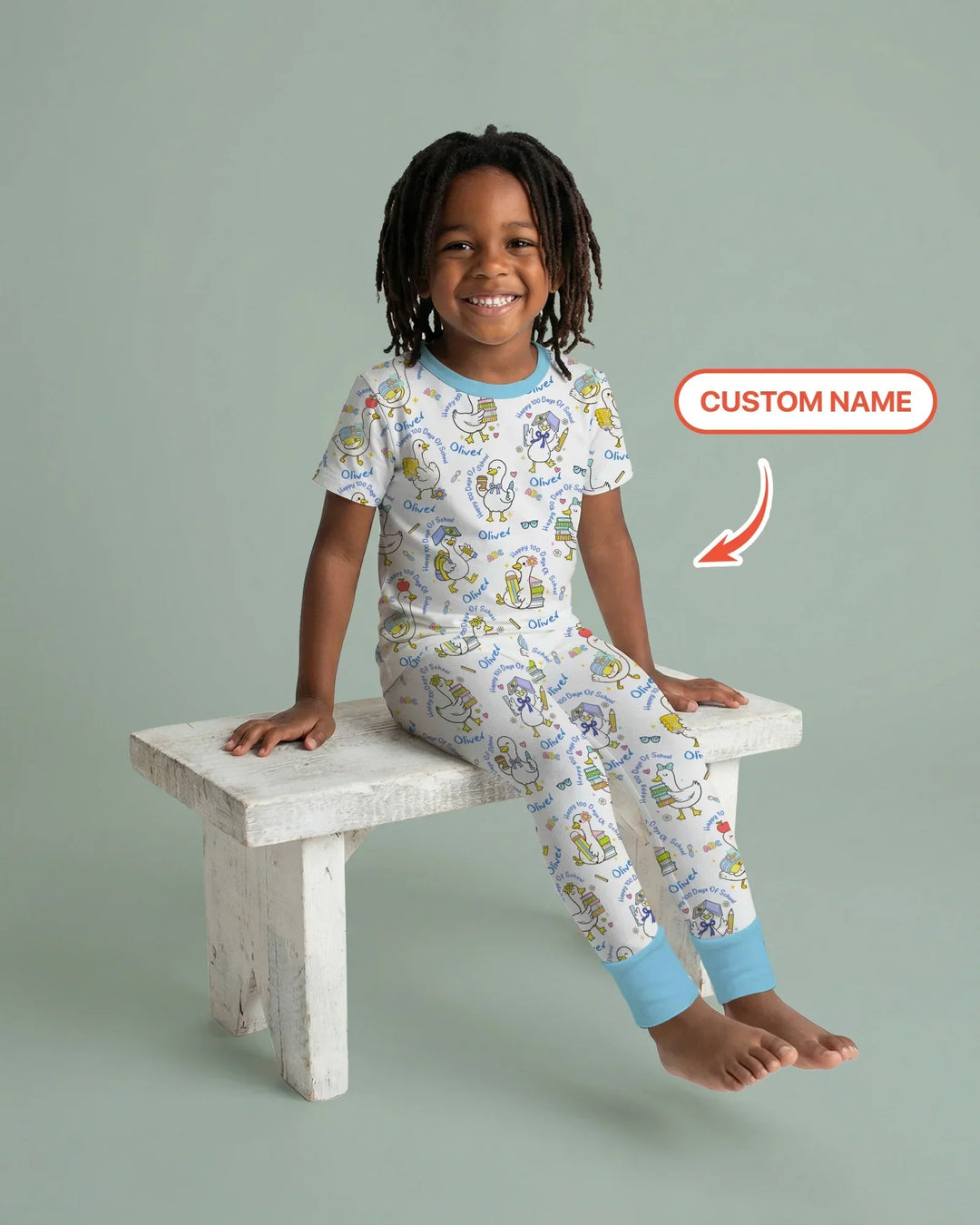Custom Name Goose Happy 100 Days Of School Bamboo Two Piece Short Sleeve Pajama Set