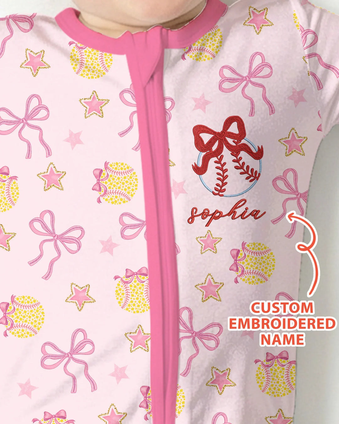 Custom Name Embroidered Softball Bow Baby Bamboo Convertible Zippy