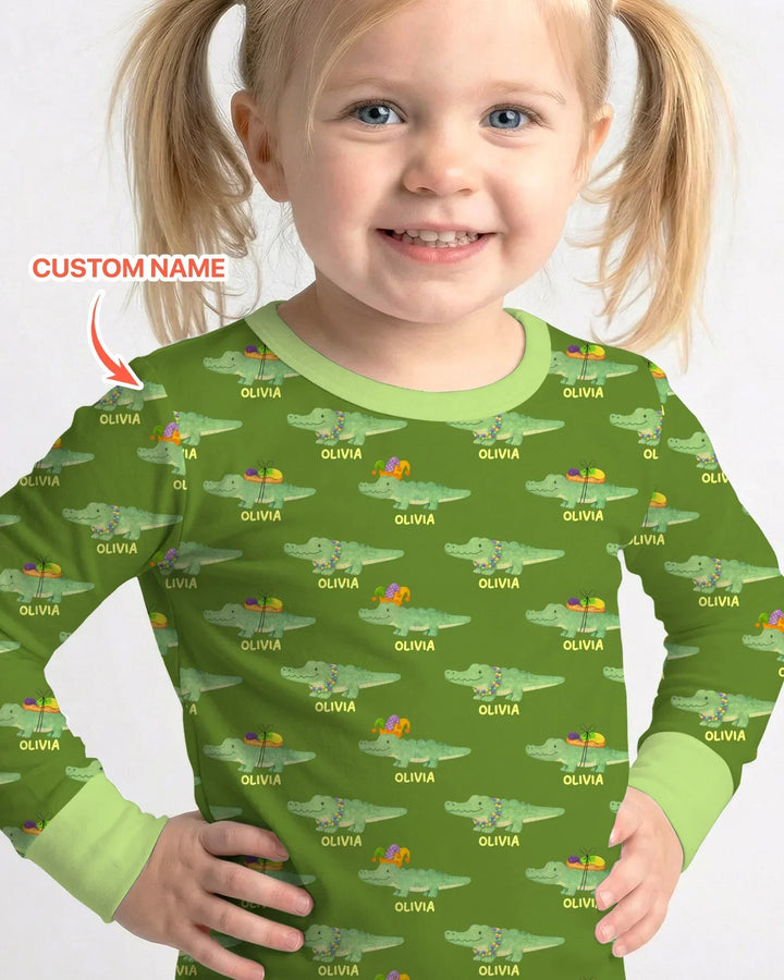 Custom Name Mardi Gras Gator Bamboo Two Piece Long Sleeve Pajama Set