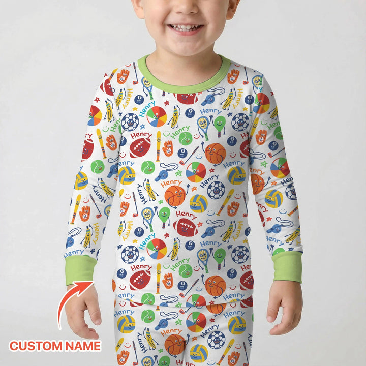 Play Ball Custom Name Bamboo Two Piece Long Sleeve Pajama Set