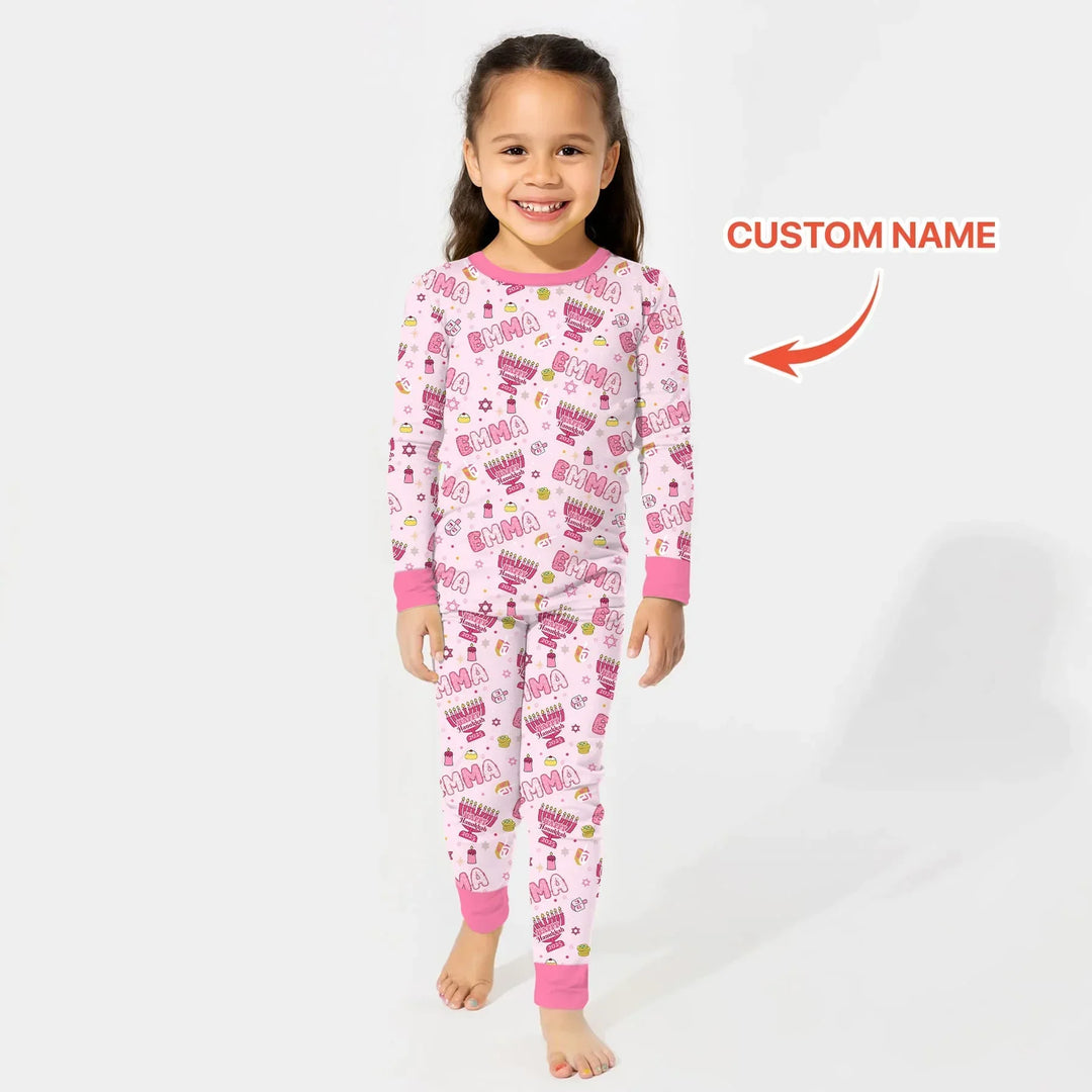 Custom name Happy Hanukkah 2025 Bamboo Two Piece Long Sleeve Pajama Set