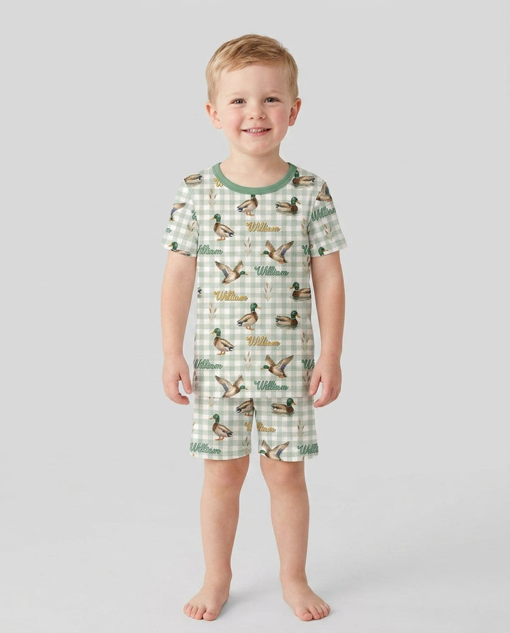 Mallard Duck Custom Name Bamboo Two Piece Short Sleeve Shorts Pajama Set