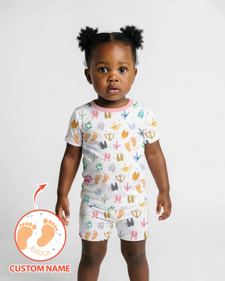 Cute Farm Animal Tracks Custom Name Bamboo Two Piece Short Sleeve Shorts Pajama Set