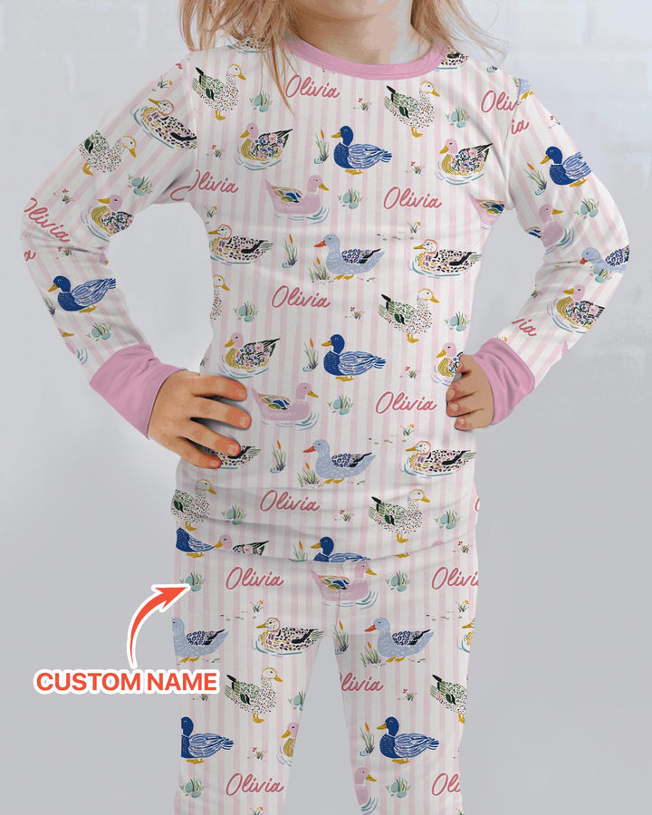 Whimsical Duck Custom Name Bamboo Two Piece Long Sleeve Pajama Set