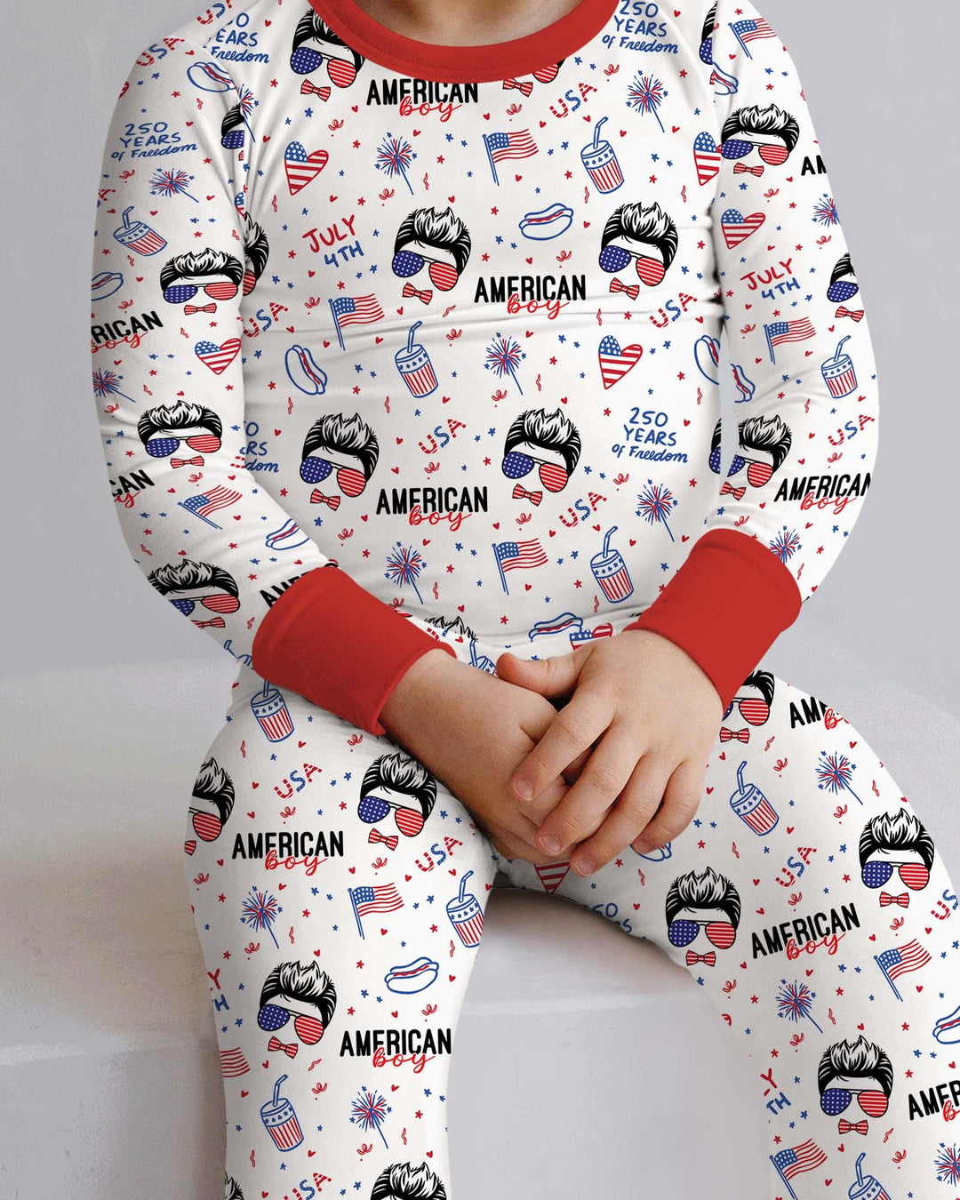 Doodle American Flag Glasses Family Matching Bamboo Two Piece Long Sleeve Pajama Set