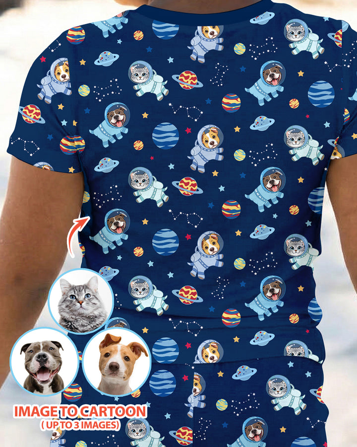 Astronaut Custom Pet Image Family Matching Bamboo Two Piece Short Sleeve Pajama Set